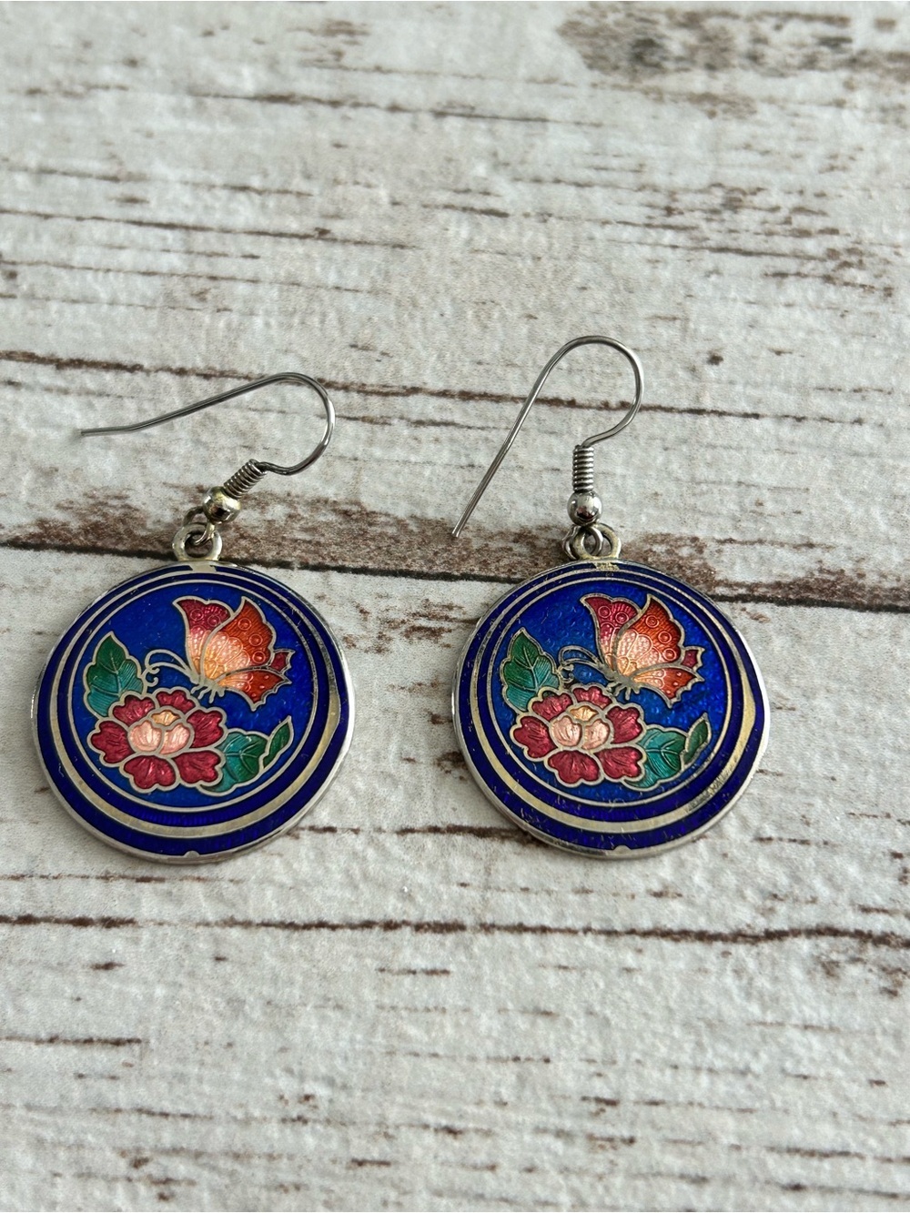 4/$100 Blue Cloisonné Butterfly & Floral Drop Earrings